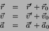 \begin{displaymath}
\begin{array}{ccc}
\vec{r} & = & \vec{r}'+\vec{r}_0 \\
\vec...
...{v}'+\vec{v}_0 \\
\vec{a} & = & \vec{a}'+\vec{a}_0
\end{array}\end{displaymath}