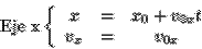 \begin{displaymath}
\mathrm{Eje\ x}\left\{
\begin{array}{ccc}
x & = & x_0+v_{0x}t \\
v_x & = & v_{0x}
\end{array}\right.
\end{displaymath}