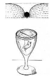 Fig. 61.  La aguja flotando en el agua.  Arriba corte de la aguja (de 2 mm de diámetro) y forma exacta de la concavidad que se forma en la superficie del agua (aumentada en 2 veces).  Abajo, procedimiento para hacer flotar la aguja por medio de un trozo de papel.